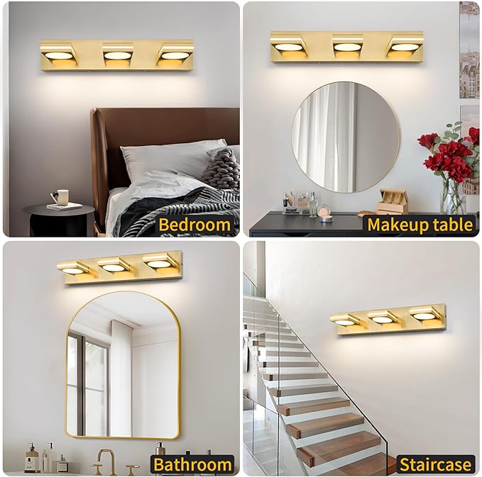 OKELI 3-Light LED Bathroom Vanity Light Fixtures, Gold Modern Bathroom Wall Lighting Fixtures Over Mirror (3CCT, 3000K-6000K)