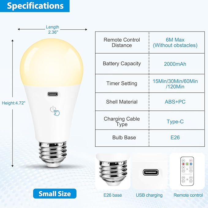 Rechargeable Light Bulbs with Remote Control and USB Charging; Dimmable Battery Operated Light Bulbs with 3 Color Temps and 4 Timer; A19 Wireless Light Bulbs for Sconce, Not-Hardwired 4 Pack