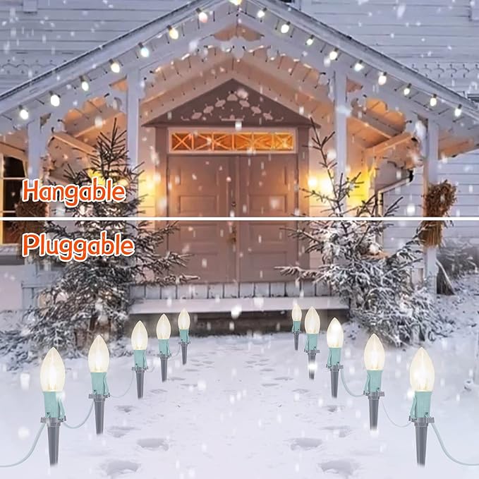 C9 Christmas Lights Outdoor, 4 Packs Total 102.8 Ft 80 Bulbs Christmas Pathway Lights, Waterproof Walkway Lights for Outside Driveway Sidewalk Outdoor Decorations Yard, Clear