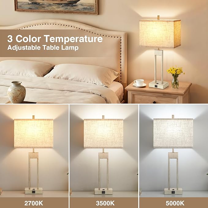GyroVu 25.5" Nightstand Table Lamps for Bedrooms Set of 2, Bedside Lamp with USB C+A, 3 Colors Changeable Living Room Lamp, Modern Night Stand Lamps for Bed Side Guest Room Reading, Antique White
