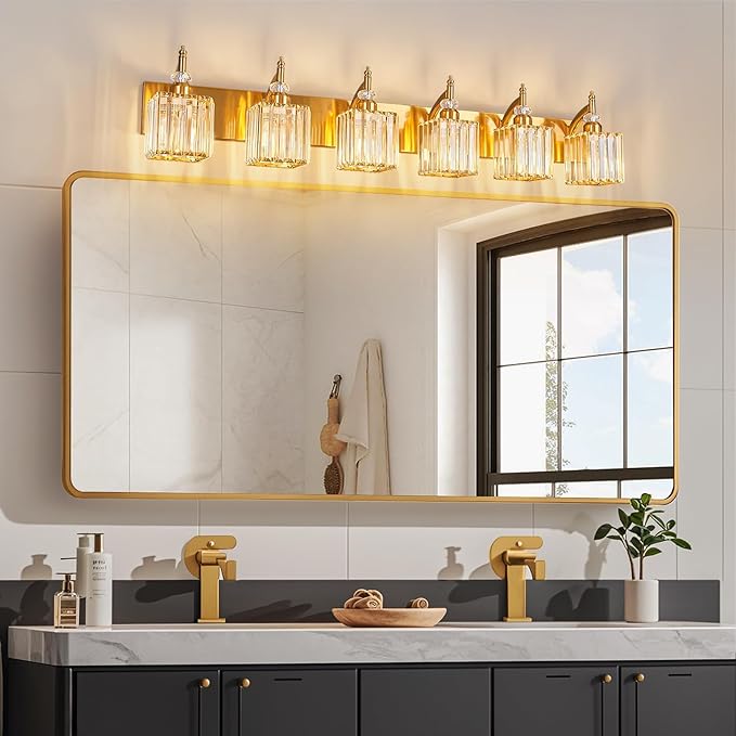 Crystal Vanity Lights - Gold 6 Light Modern Bathroom Vanity Light Fixtures Over Mirror