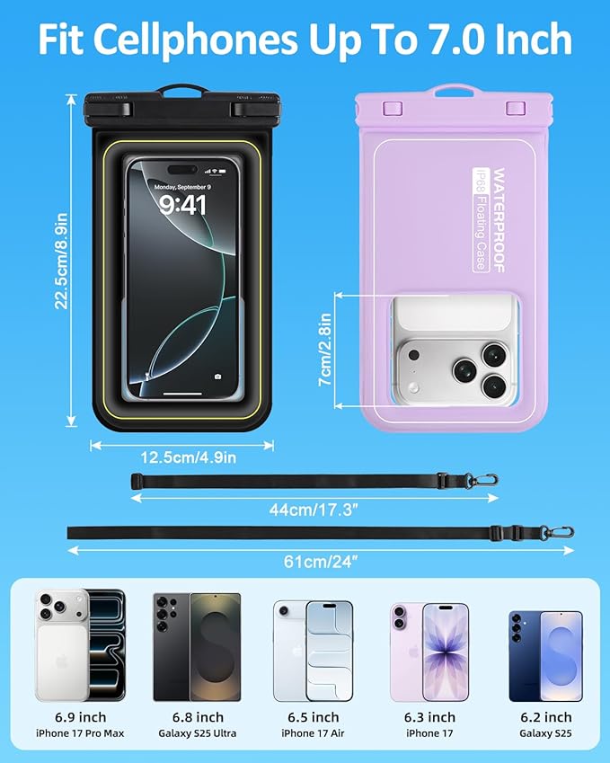 Floating Waterproof Phone Pouch 2 Pack, IP68 Waterproof Phone Case, Up to 8.3" Dry Bag for iPhone 17 16 15 14 Pro Max Samsung S25 Ultra S24 S23, Kayak/Beach/Cruise Travel Essentials - Black+Purple