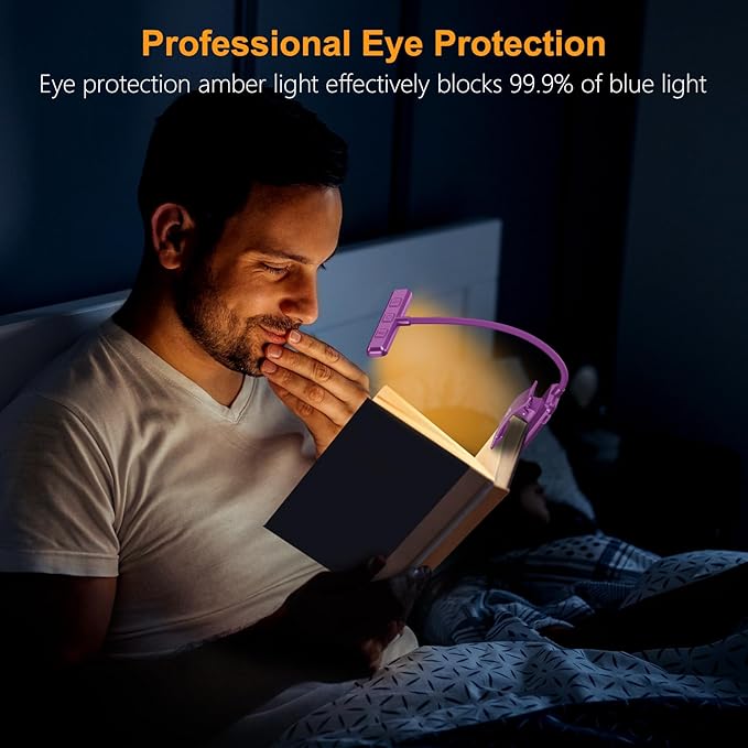 Gritin 19 LED Rechargeable Book Light for Reading in Bed with Memory Function- Eye Caring 3 Color Temperatures,Stepless Dimming Brightness,90 Hrs Runtime Clip on Light for Book Lovers-Dark Purple