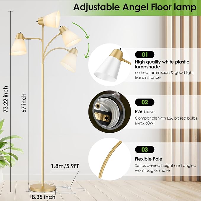 Floor Lamp for Living Room, Adjustable Standing Room Lamp with White Plastic Shade, Gold Reading Floor Lamps for Dorm, Bulb not Included