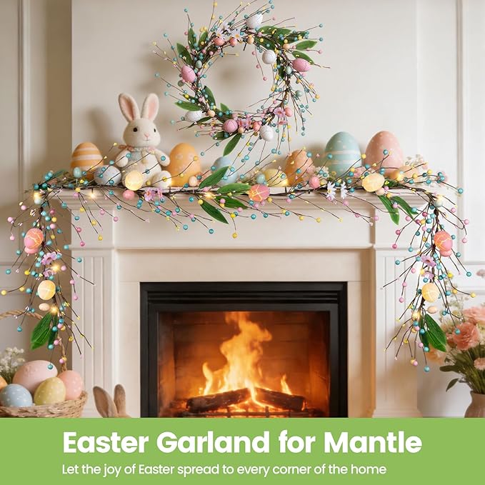 6 FT Pre-Lit Easter Garland with 20 LED Lights & 8 Mode Timer, Mixed Pastel Easter Pip Berry Spring Galand for Mantle Decorations, Lighted Artificial Easter Egg Garland for Fireplace Table Holiday