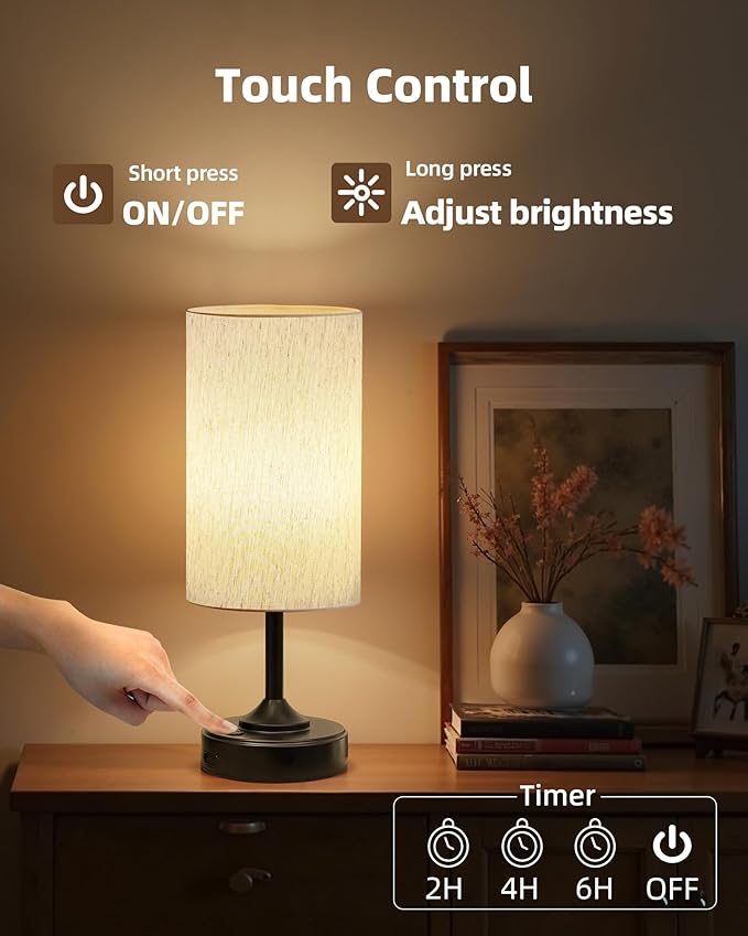 Wireless Lamp, 2-Pack, Ambient Light, Dimmable, 2700K, Timer, Touch Control, Portable, LED, Battery Operated, Rechargeable, Cordless, Desk Lamp, Kitchen Lamp, Fabric Shade, for Bedroom, Living Room