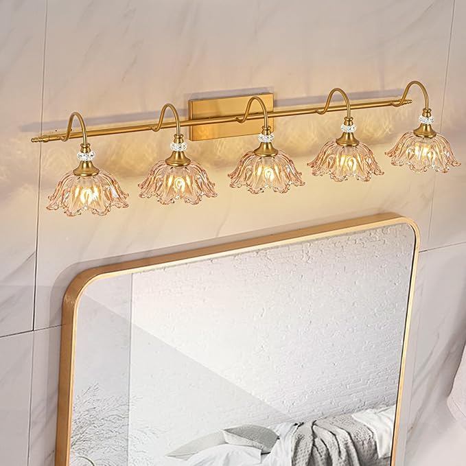 Vintage Bathroom Vanity Light, 5-Light Matte Brass Finish Vanity Light with Floral Amber Glass Shades, Retro Wall Mount Lighting for Bathroom, Living Room