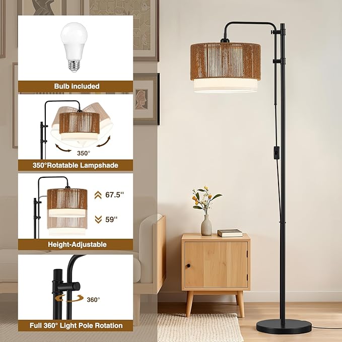 GyroVu Rattan Floor Lamp for Living Room, 3 Color Temperatures LED Bulb Included, Farmhouse Boho Arc Standing Lamp, Handwoven Tall Lamps for Bedroom, Home Office, Corner