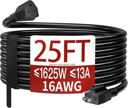 16/3 25 Ft Indoor Black Extension Cord, Flexible & Flame Retardant Black 3 Prong Power Cord Indoor for Home and Office, 13 Amps 1625 Watts 125 VAC 16AWG, ETL Listed