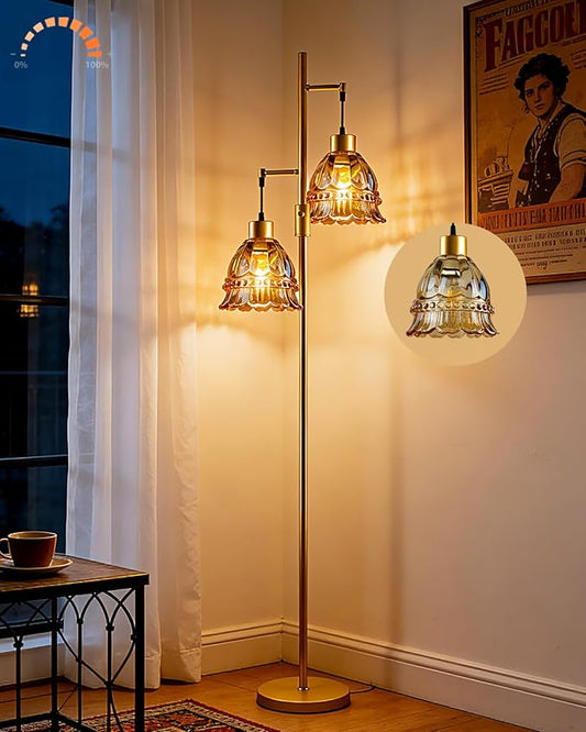 Gold Dimmable Floor Lamp for Living Room, 2-Light 65IN Tall Standing Lamps with Brown Glass Lampshade, 3000K Warmwhite Mid Century Modern Floor Lamp for Bedroom/Home Office/Corner
