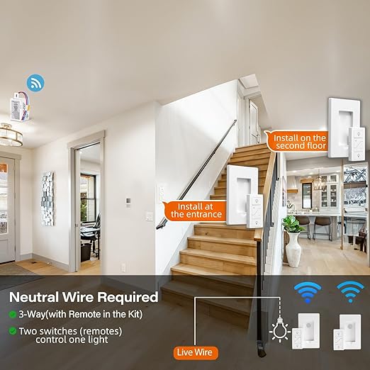 Wireless Dimmer Switch, 2 Remote Light and 1 Receiver kit, Work with Alexa Voice Control, Smart Wall Switch Lighting Fixture for Dimmable LED/CFL INC/HAL Bulb of Ceiling Pendant Lamps, ETL Listed