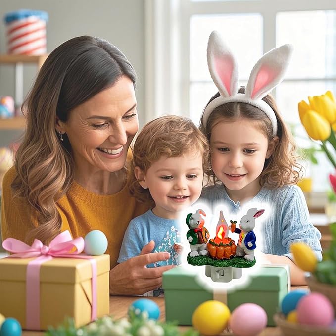 2026 Easter Bunny Decoration Night Light Plug in for Home, Campfire Flickering Nightlight, 3D Rabbit Night Lights Plug into Wall, Spring Home Décor, Valentine's Day Gifts for Boys Girls