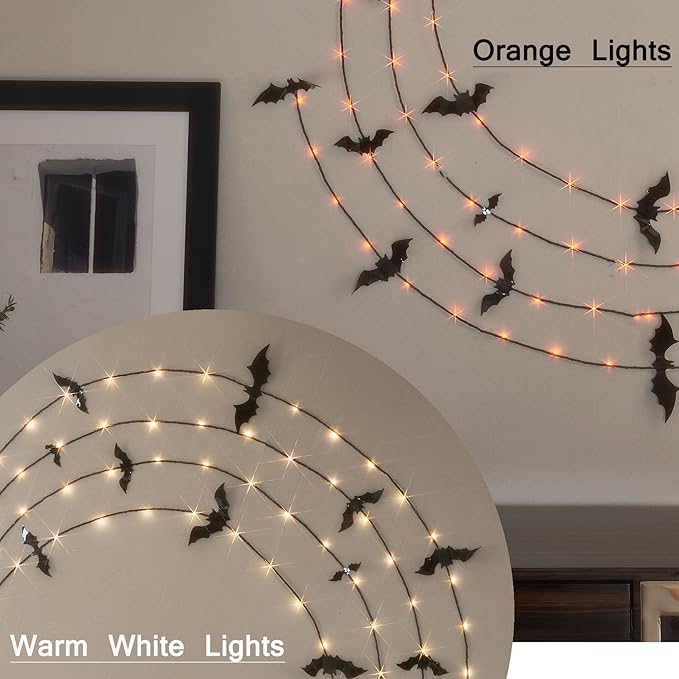 Hairui Lighted Halloween Garland with Bats Battery Operated with Timer, Black Garland with Lights 6FT 80 Orange and Warm White Fairy Lights 10 Functions for Wall Room Porch Halloween Decor 2Sets