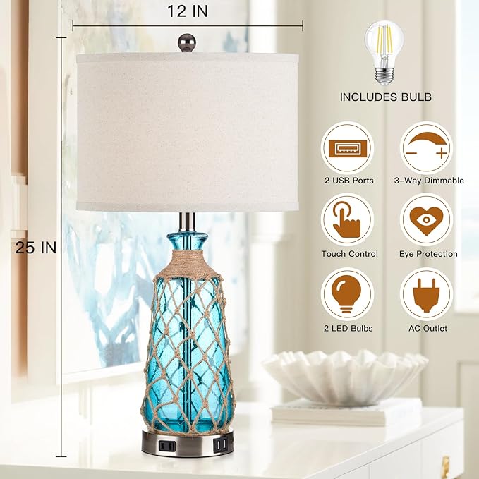 Coastal Glass Table Lamps, 3-Way Dimmable Touch Control Bedside Lamps with 2 USB Ports and AC Outlet, Teal Nautical Nightstand Lamps for Bedroom Living Room (LED Bulbs Included)