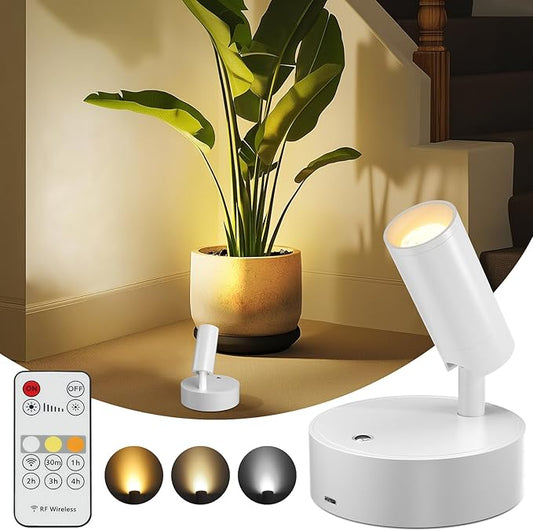 Wireless Led Spotlight Indoor, Plant Spotlight Indoor with Remote Dimmable, 350° Rotate, Rechargeable Uplighting Battery Powered Ceiling Light for Artwork Painting Plant Picture Lights-White