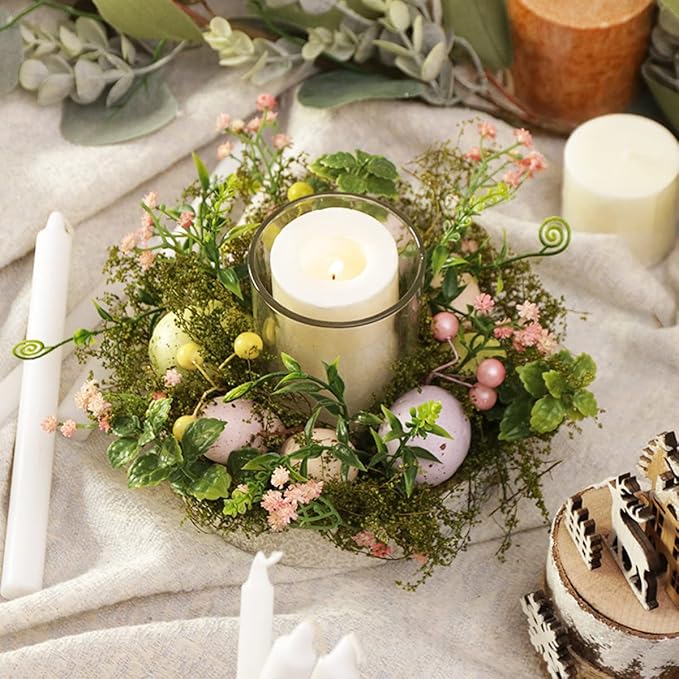 Colorful Easter Eggs Glass Tealight Candle Holder Cup, Candle Sticks lamp Tea Light Candlestick Holder with Artificial Plants Flowers for Spring Easter Home Table Centerpiece Decors (Exclude Candles)