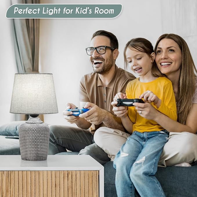 Sucolite 11.8'' Small Table Lamps Set of 2, Bedside Nightstand Lamps for Bedroom Kid’s Room, Cute Desk Lamps with Studded Texture Base for Reading Nursery Living Room Office, Grey