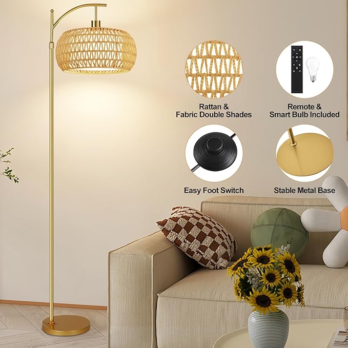 Gold Floor Lamps for Living Room Rattan Boho Floor Lamp with Remote Control & 3 Color Temperature,Dimmable Arc Floor Lamps Brass Standing Lamp Tall Floor Lamp for Bedroom Living Room Corner
