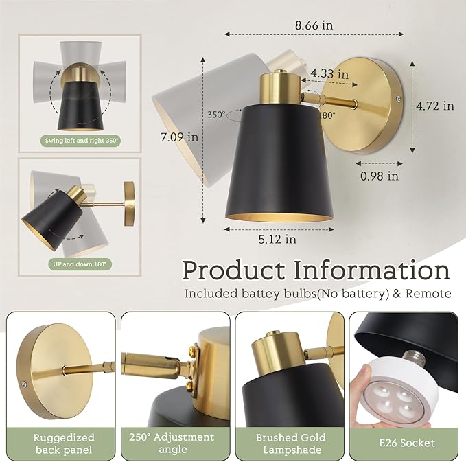 Battery Operated Wall Sconce, Modern Wireless Sconces Set of 2, Cordless Wall Decor Battery Powered Wall Light with Remote Control, Vintage Black and Gold Wall Lamp for Living Room Bathroom Hallwa