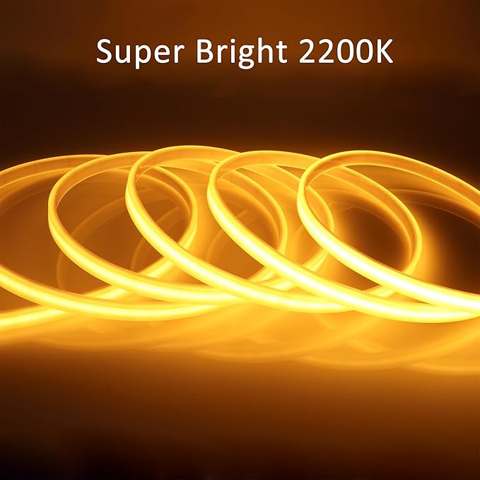 COB LED Strip Lights Waterproof IP67 Golden Yellow 2200K DC12V 16.4ft/5m 480LEDs/m Super Bright LED Tape Lights for Outdoor Cabinets Bar DIY Lighting