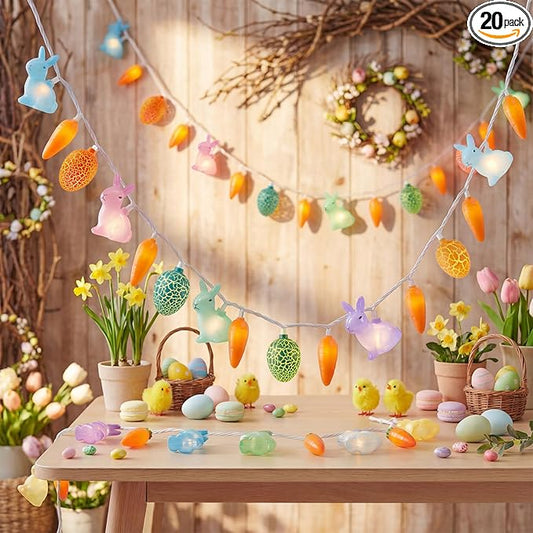 Easter Rabbit Carrot Egg String Lights, 12Ft 20 LED Multicolored Bunny Carrot Easter Egg Fairy Lights, Plug in Spring Decor for Indoor Outdoor Home Bedroom Garden Party Decorations