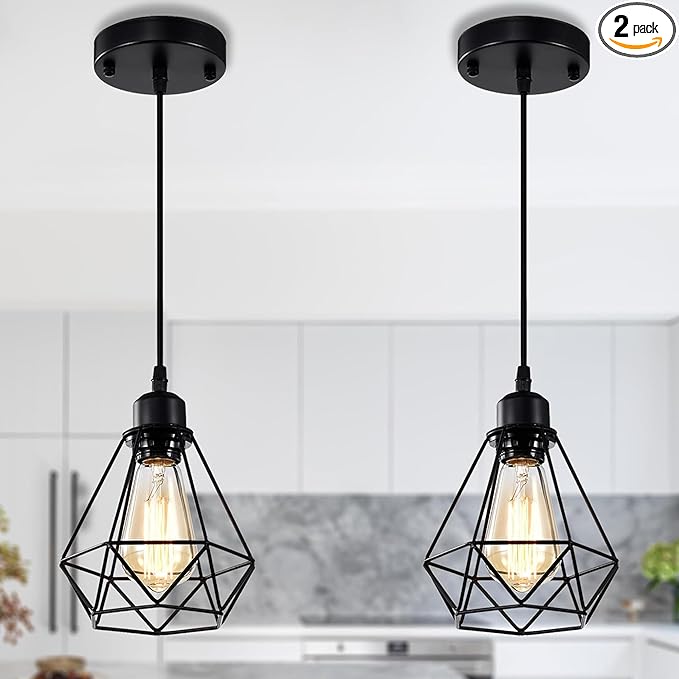 COTTAGE LIFE Black Pendant Light Fixtures 2 Pack, Farmhouse Industrial Metal Cage Pendant Lights, Adjustable Hanging Light Fixtures for Kitchen Island, Dining Room, Bar, Bedroom, Hallway