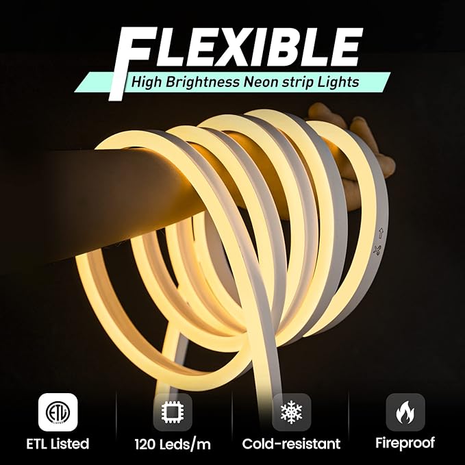 GZBtech Flexible LED Neon Rope Lights 132FT,AC 110-120V Waterproof Strip Light, 120 LEDs/M Cuttable Connectable Neon Lighting for Indoor Outdoor Home Decor/Commercial Use-Warm White 40M, ETL Listed