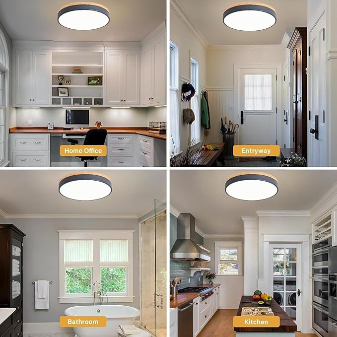 Dimmable Wood LED Close to Ceiling Light, Modern 2700K-6000K 5CCT Round Grey Flush Mount Light Fixtures, Minimalist Ceiling Lamp for Living Room, Dining Room, Bedroom, Kitchen-15.8in