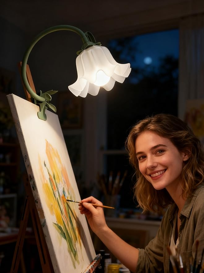Clip on Light Flower Desk Lamp, LED Reading Light 3 Color Modes Eye-Caring Book Light Flexible Gooseneck Bedside Clip on Lamp for Desk Piano Office Bed Headboard Dorm (Green Lamp)