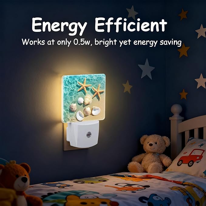 Starfish and Seashell Night Light for Kids, Dusk-to-Dawn Auto Sensor Plug in Night Light, 0.5W Energy Saving Non-Toxic Design for Bedroom/Bathroom, Ideal Gifts for Women, Men & Kids