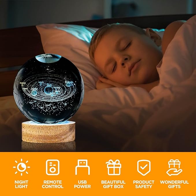 3D Solar System Crystal Ball Night Light 3.15 inch Galaxy Planet Glass Ball Lamp with 16 Color Change Wooden Base and Remote Control Astronomy Space Gifts for Kids Friend Birthday Christmas Room Decor