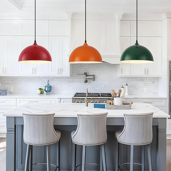 Colorful Pendant Lights, 11.8" Dome Pendant Light 3 Pack, Modern Light Fixtures for Kitchen Island, Adjustable Height Pendant Lighting for Dining Room, Bedroom, Living Room, Hallway, Bar