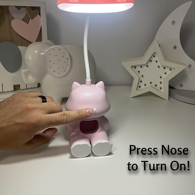 Cute Cat LED Desk Lamp with Phone Stand – Flexible Gooseneck, Rechargeable Battery, Small Organizer Compartment – Night Light for Kids' Rooms or Nursery (Pink)