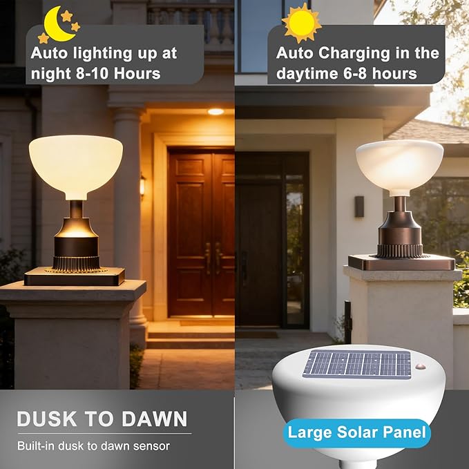 Lightdot Solar Lamp Post Lights 3000K Dusk to Dawn Solar Post Lights with Pier Mount Base, Wireless Waterproof Outdoor Post Lantern, Aluminum Housing for Garden Yard Pole Pillar-2 Pack