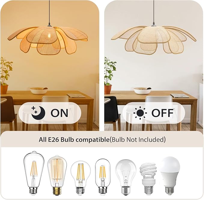 Rattan Pendant Light Boho Chandelier Flower Light Hand-Woven Rattan Hanging Lamp Wicker Chandelier Basket Hanging Light Fixture for Dining Living Room Island Kitchen Bedroom