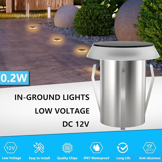 Outdoor In Ground LED Well Lights, Warm White Φ1.36in Low Voltage 12V DC In-Ground Lights, IP67 Waterproof Landscape Lighting for Yard Floor Pathway Driveway Deck Step, 8 Pack
