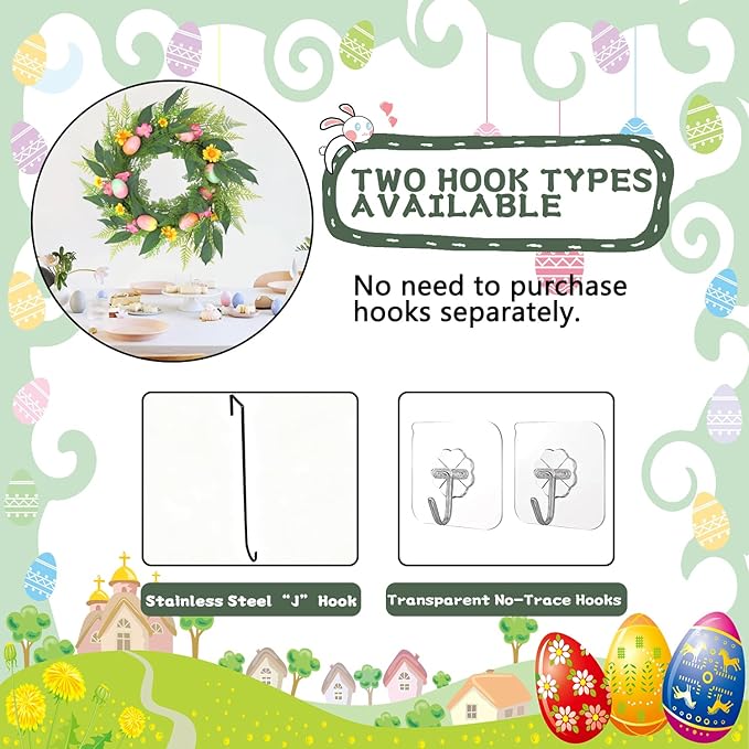 20 Inchs Spring Easter Wreath, Farmhouse Artificial Spring Wreath, Decor with Colorful Easter Eggs, Yellow and Pink Flowers & Green Eucalyptus Leaves, for Door Wall Window Fences