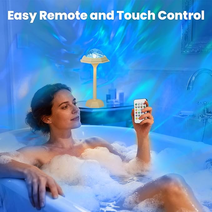 Rechargeable Shower Lamp No Wiring 16 Color Ocean Wave Projector Light, Dimmable Waterproof Shower Light with Remote for Shower, Bathroom, Bedroom Decor (Rechargeable Ocean Lamp)
