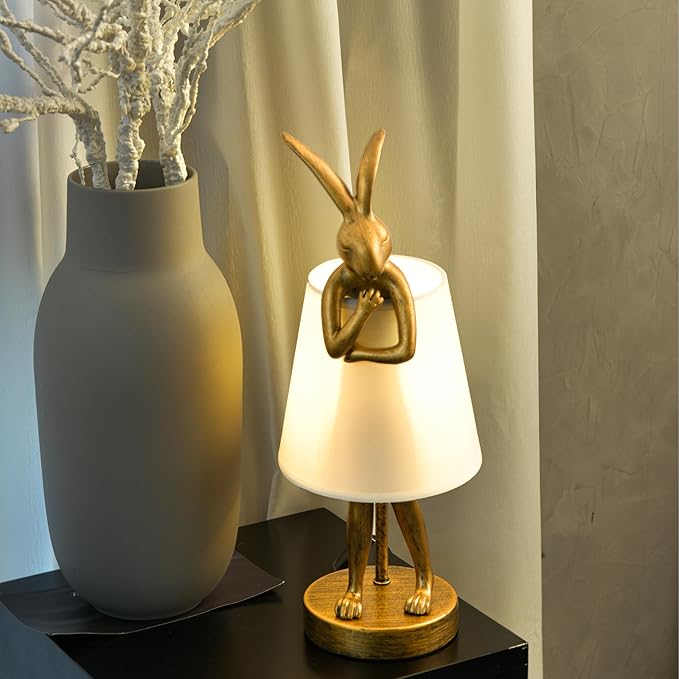 YHT Bunny Table Lamp, Cute Animal Rabbit Lamp,Bunny Lamps,15.7" Vintage LED Desk Light with Linen Lampshade,Gold Main Part Beside Lamp for Bedroom, Study Room, Office, Nursery, Home Decor (White)