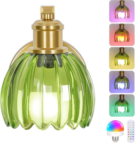 Rechargeable Battery Operated Wall Sconce with Green Glass Lampshade, Wireless Wall Scone Decor with Remote Control, 15 Colors Gold Wall Light for Bedside Hallway Bedroom Doorway