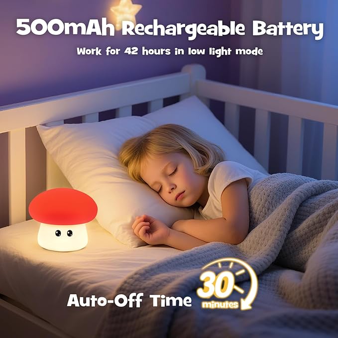 Squishy Big Eyes Mushroom Night Light with RGB Mode 3 Brightness Adjustable Nursery Breastfeeding Nightlight Cute LED Red Mushroom Lamp Rechargeable Silicone Touch Bedside Lamp for Bedroom Dorm Decor
