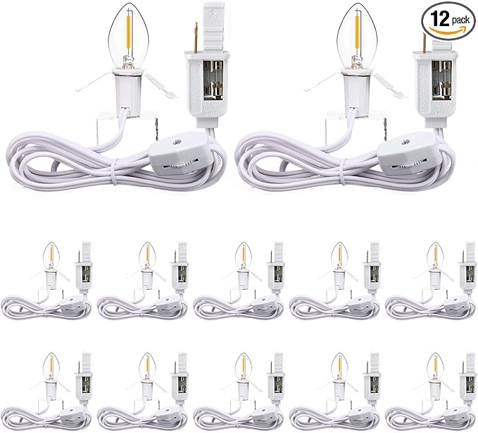 Enhon 12 Pack C7 Accessory Cord with LED Bulb, Each 6 ft Blow Mold Light Cords with On/Off Switch for Christmas Village House Halloween Pumpkin Holiday Ceramic Tree and Craft Projects