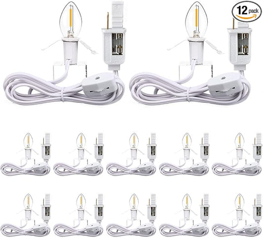 Enhon 12 Pack C7 Accessory Cord with LED Bulb, Each 6 ft Blow Mold Light Cords with On/Off Switch for Christmas Village House Halloween Pumpkin Holiday Ceramic Tree and Craft Projects