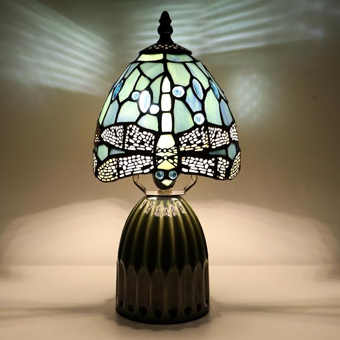 Tiffany Lamp Stained Glass Mushroom Table Lamps 6X6X12.5 Inch Sea Blue Dragonfly Style Small Night Light Ceramic Base Mini Accent Desk Light Suitable for Bedside Table Bedroom Children Room