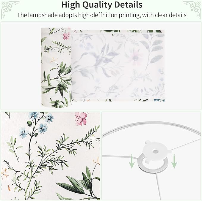 Fabric Lamp Shade, Floral&Plants Print Lamp Shades, 13" x 13" x 10" Lampshade, Lamps shades fit with Spider, Modern Farmhouse Lamp Shades for Floor Lamps,Table Lamps (1 Pack/Easy Assembly)