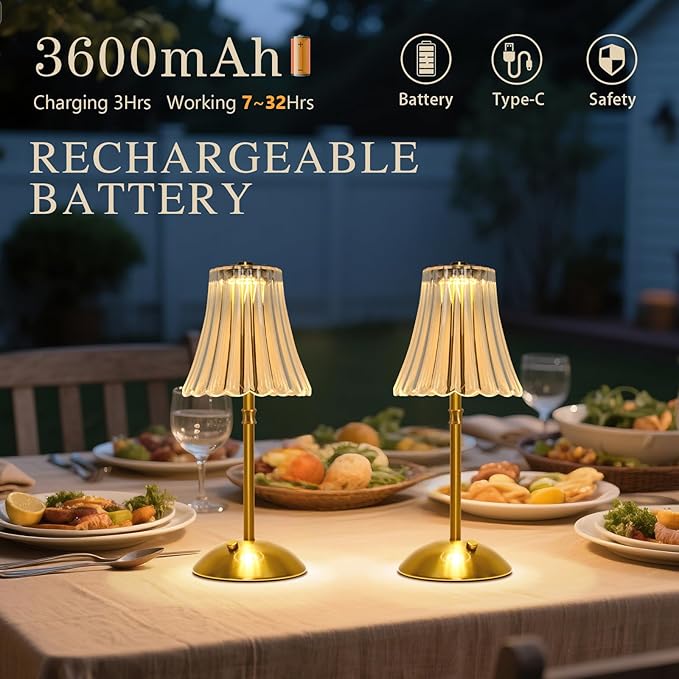 2 Pack Touch Cordless Table Lamp Rechargeable, 3600mAh Battery Operated Small Crystal Lamp, 3 Color Dimmable Vintage Gold Table Light for Bedroom/Kitchen/Gift for Home Décor (Art Decor)