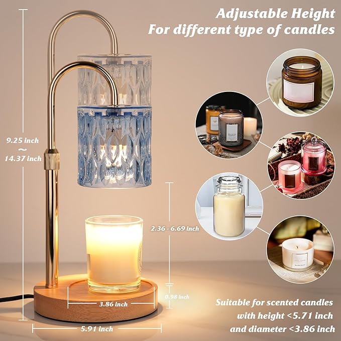 Candle Warmer Lamp with Timer and Dimmer, Height and Brightness Adjustable,Glass Electric Wax Warmer with 2 Bulbs for Women Mom Gifts, Home Decor for Scented Jar Candles (Blue)