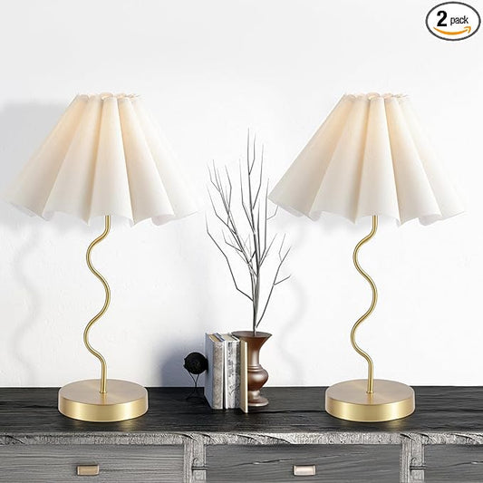 Pleated Table Lamp, Set of 2 Table Lamps for Bedroom, Bedside Lamps for Nightstand with Linen Lampshade, Modern Lamp for Bedroom Home Office Decor, Gold