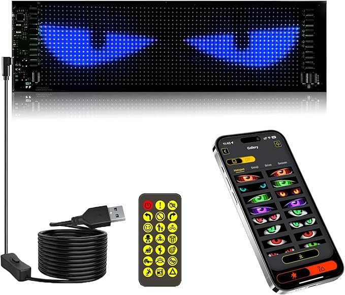 LED Devil Eye Lights for Windshield 14"x4" [Advanced Chip, 100% Synced Dual Screen] Dynamic Flexible Programmable Custom LED Eyes Display for Car Motorcycle Window with Remote & APP Control