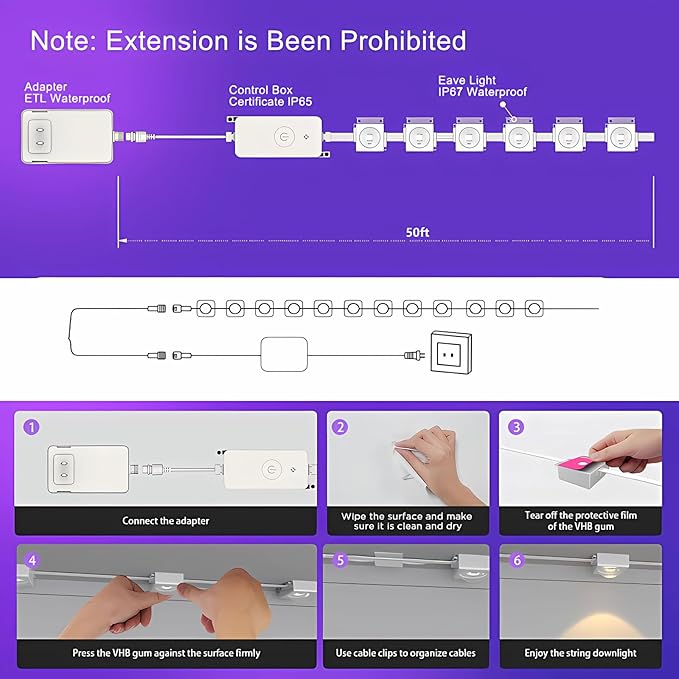 Permanent Outdoor Lights, 50FT RGB LED Smart Eaves Lights with 30 LEDs, IP67 Waterproof, Remote/APP Control, DIY Scene Modes, Music Sync Lighting for Party, House, All Holiday Decorations